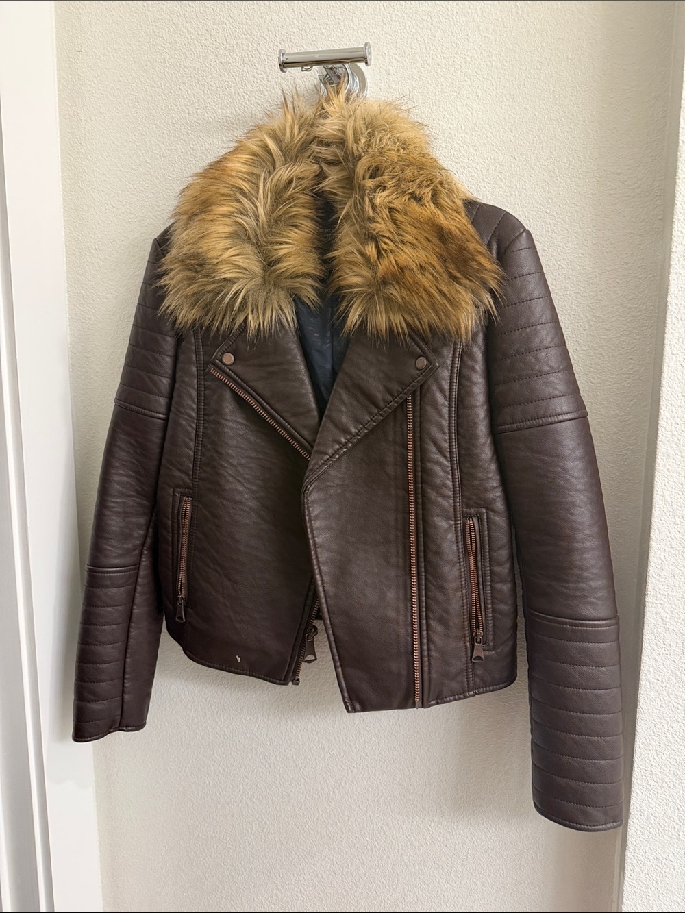 Andrew Marc Dark Brown Faux Leather Moto Jacket with Fur Collar